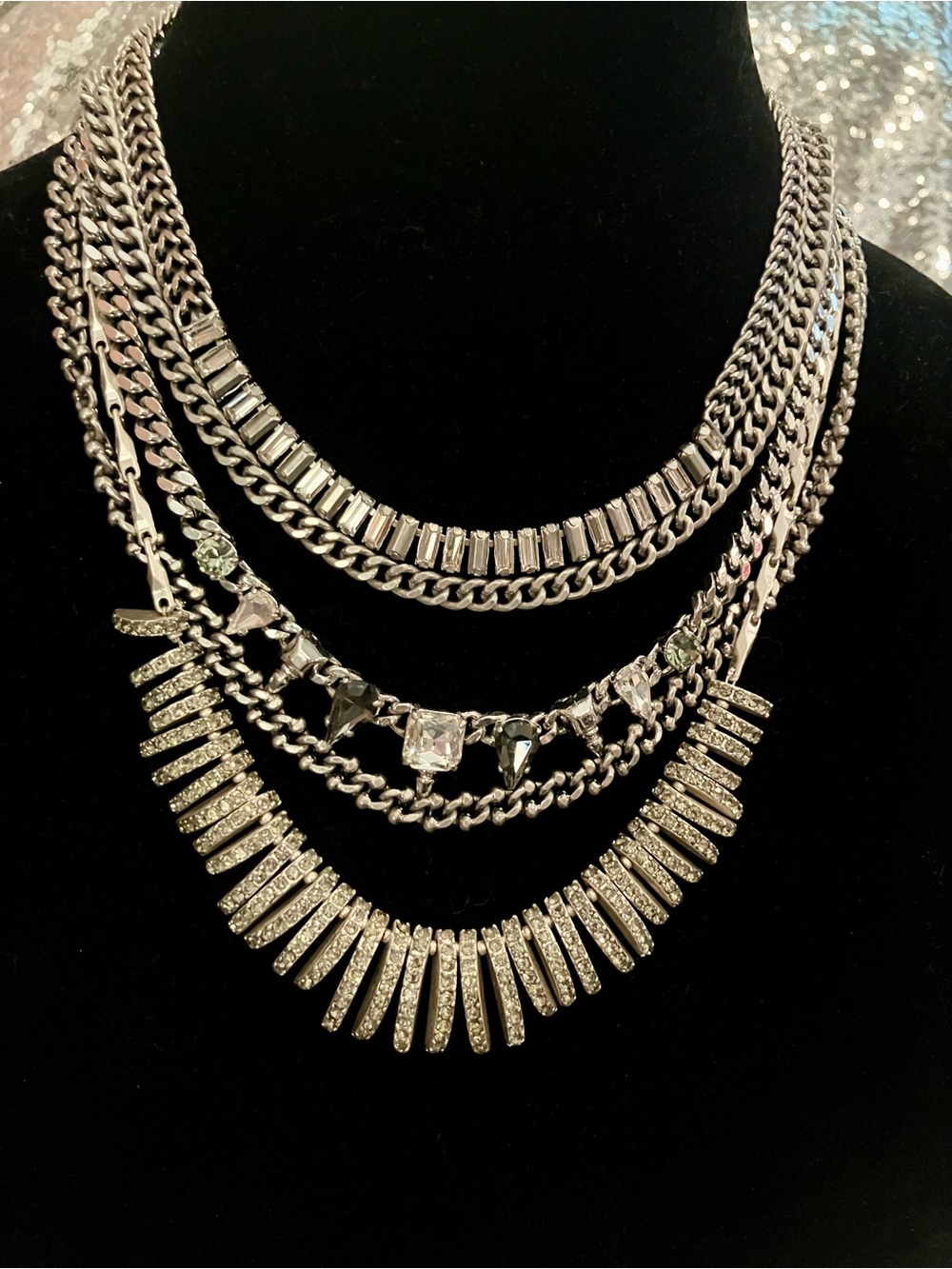 Stella & Dot Silver Layered Crystal Fringe Necklace